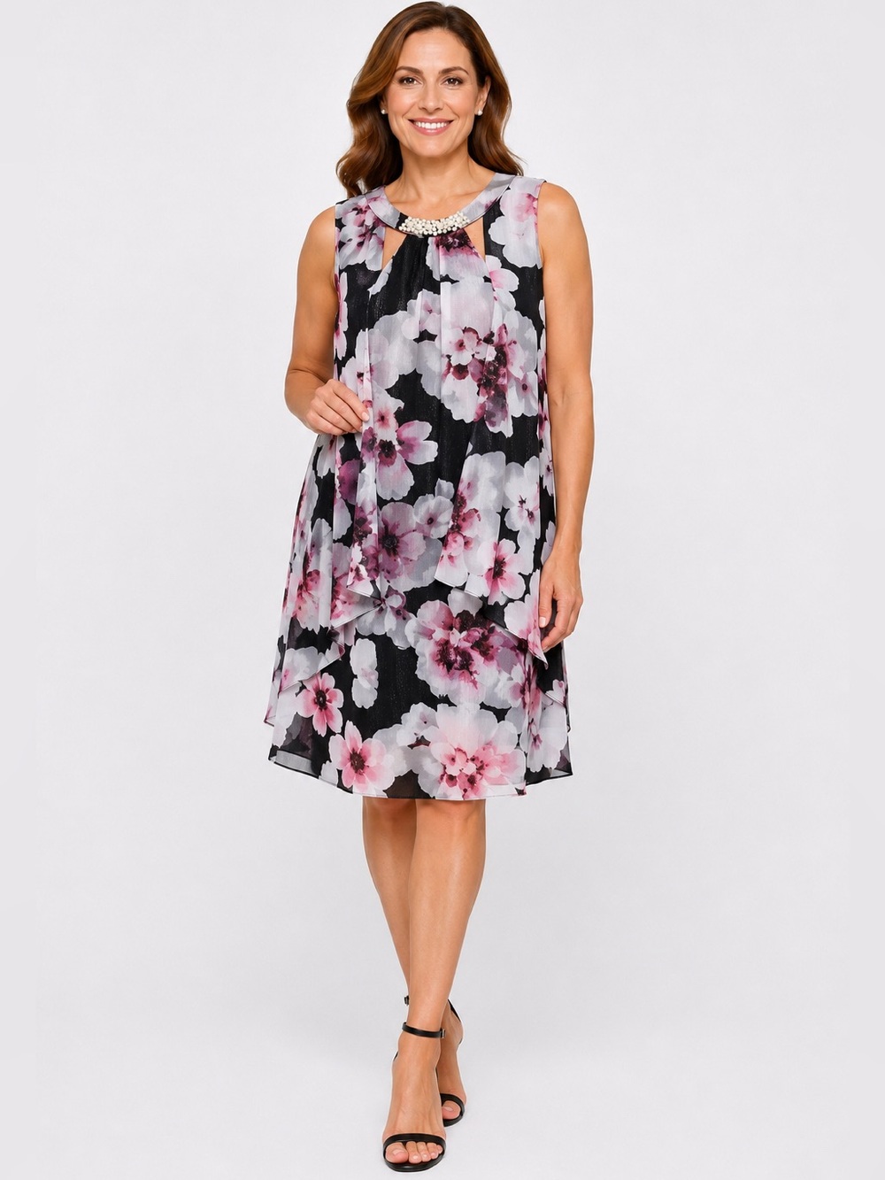 NWT | SLNY Black Multi Floral Shimmer Overlay Dress | Size 12